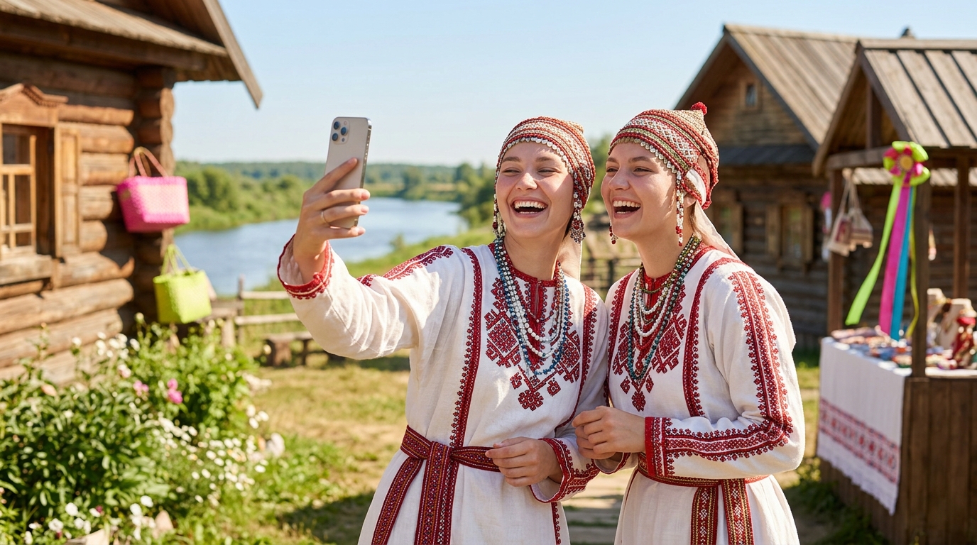 Две девушки в мордовских костюмах